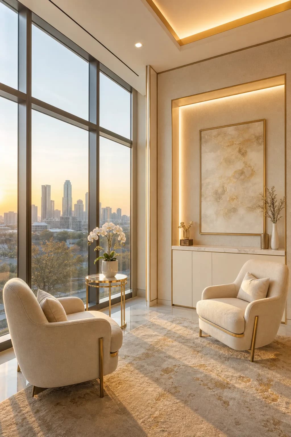 Calm private consultation space overlooking the Dallas skyline