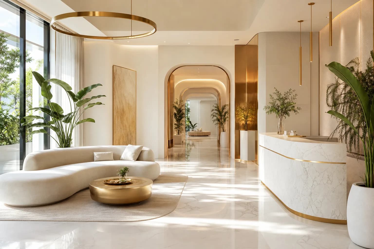 Sunlit luxury wellness center lounge with ivory interiors and gold accents